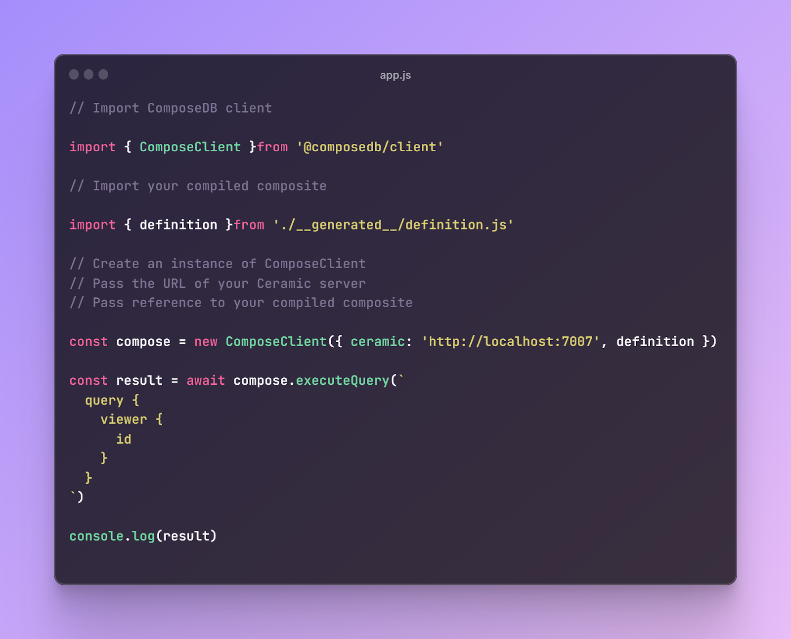 app.js code sample about ComposeDB client